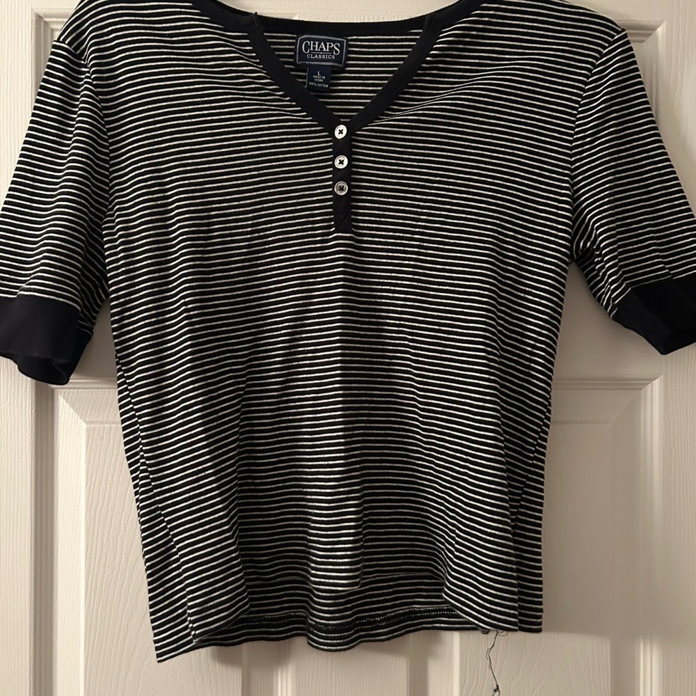 Chaps Black and White Striped V-Neck Shirt
